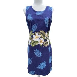 KYs Hawaiian Hibiscus Flowers Palm Leaves Shift Dress Blue Large